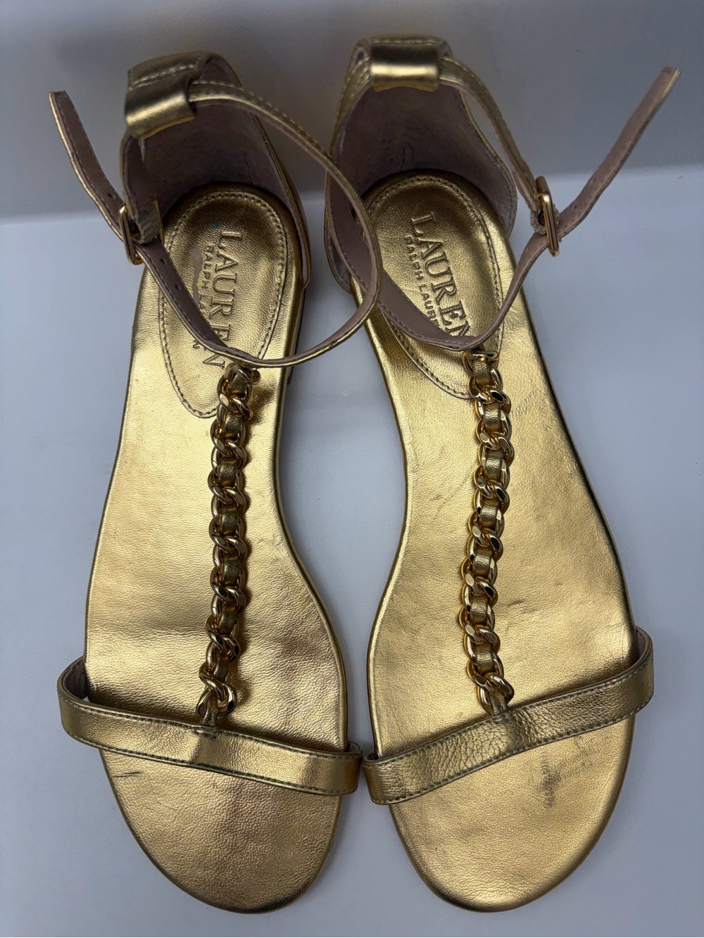LAUREN Ralph Lauren Metallic Gold Chain T-Strap Sandals